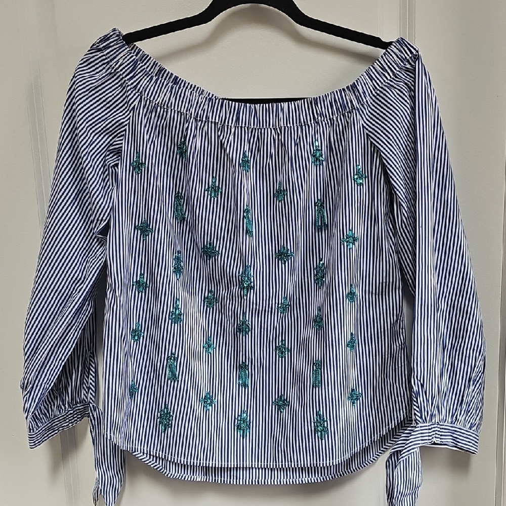 J. Crew Blue and White Smocked 3/4 Sleeve Blouse